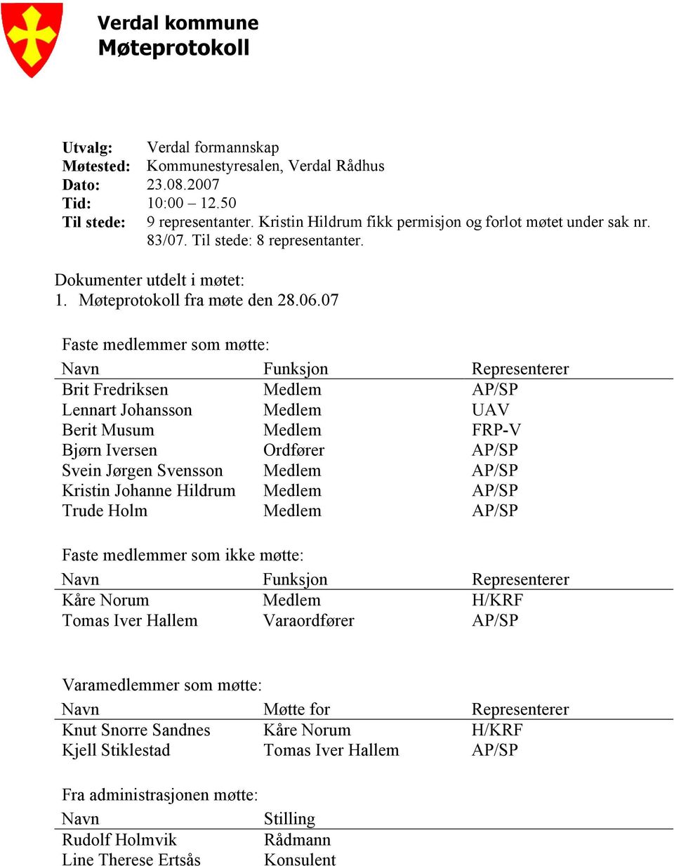 07 Faste medlemmer som møtte: Navn Funksjon Representerer Brit Fredriksen Medlem AP/SP Lennart Johansson Medlem UAV Berit Musum Medlem FRP-V Bjørn Iversen Ordfører AP/SP Svein Jørgen Svensson Medlem