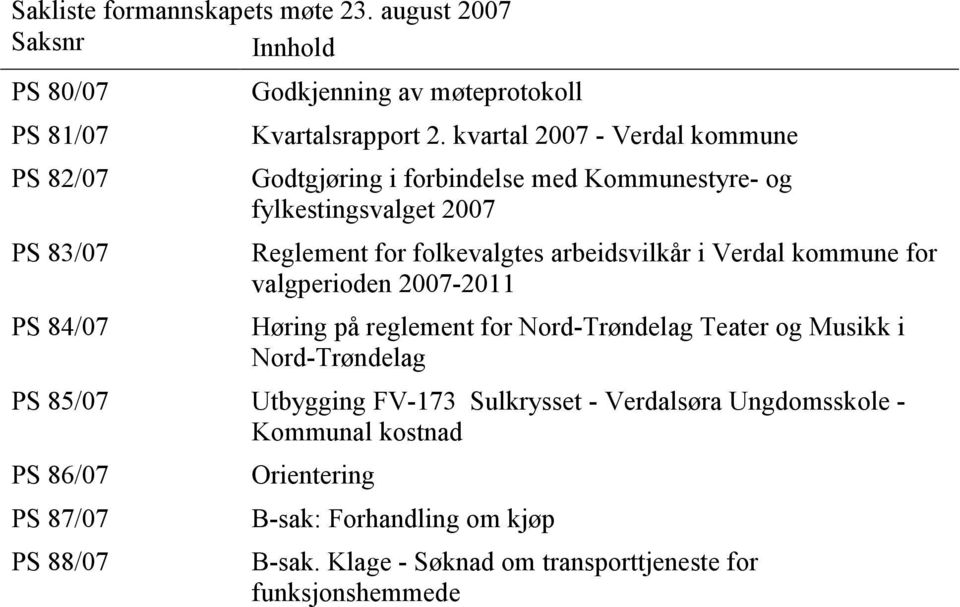 kommune for valgperioden 2007-2011 Høring på reglement for Nord-Trøndelag Teater og Musikk i Nord-Trøndelag PS 85/07 Utbygging FV-173 Sulkrysset -