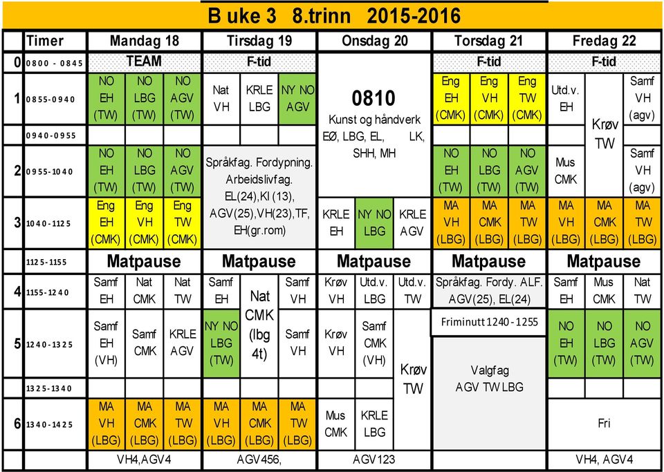 Arbeidslivfag. EL(24),KI (13), (25),(23),TF, (gr.rom) NY (lbg 4t) 456, Mus 0810 Kunst og håndverk EØ,, EL, LK, SHH, MH NY Utd.v. () 123 Utd.