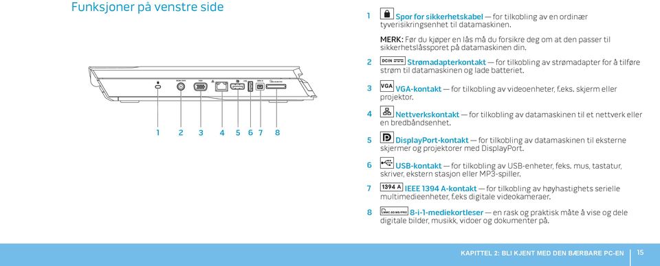 2 Strømadapterkontakt for tilkobling av strømadapter for å tilføre strøm til datamaskinen og lade batteriet. 3 VGA-kontakt for tilkobling av videoenheter, f.eks. skjerm eller projektor.