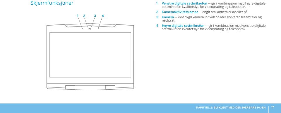 3 Kamera innebygd kamera for videobilder, konferansesamtaler og nettprat.