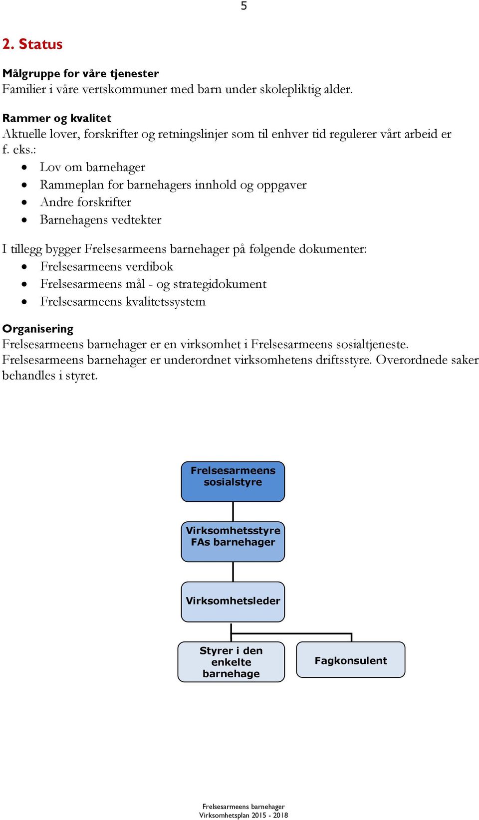 : Lov om barnehager Rammeplan for barnehagers innhold og oppgaver Andre forskrifter Barnehagens vedtekter I tillegg bygger på følgende dokumenter: Frelsesarmeens verdibok