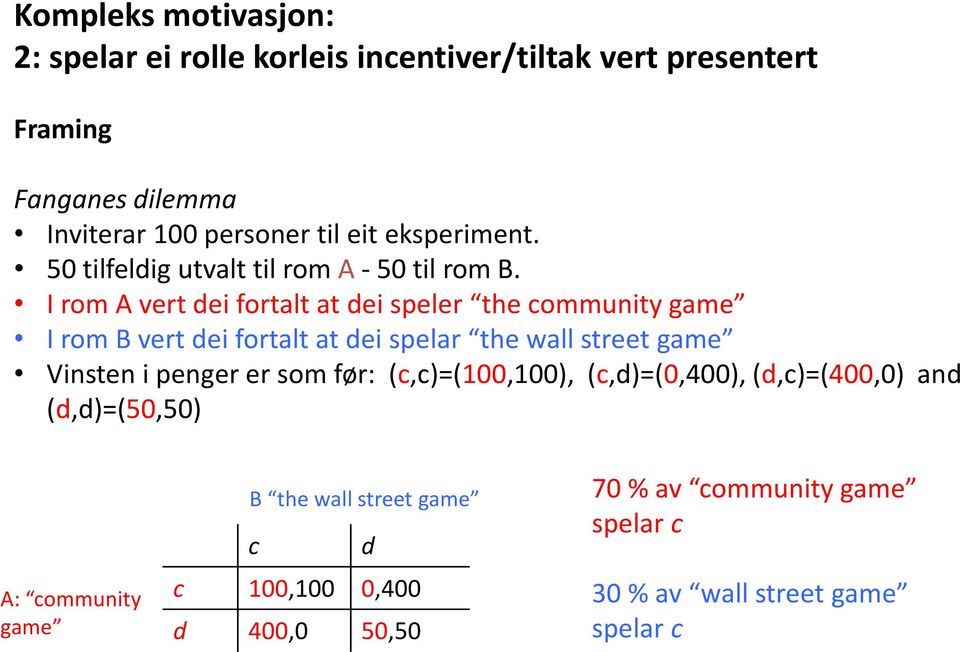 I rom A vert dei fortalt at dei speler the community game I rom B vert dei fortalt at dei spelar the wall street game Vinsten i penger