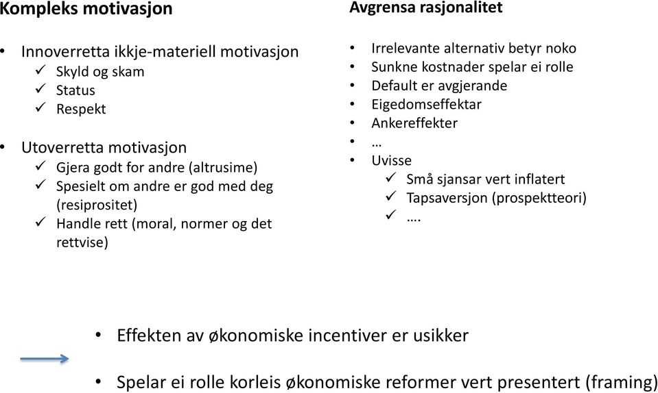 alternativ betyr noko Sunkne kostnader spelar ei rolle Default er avgjerande Eigedomseffektar Ankereffekter Uvisse Små sjansar vert