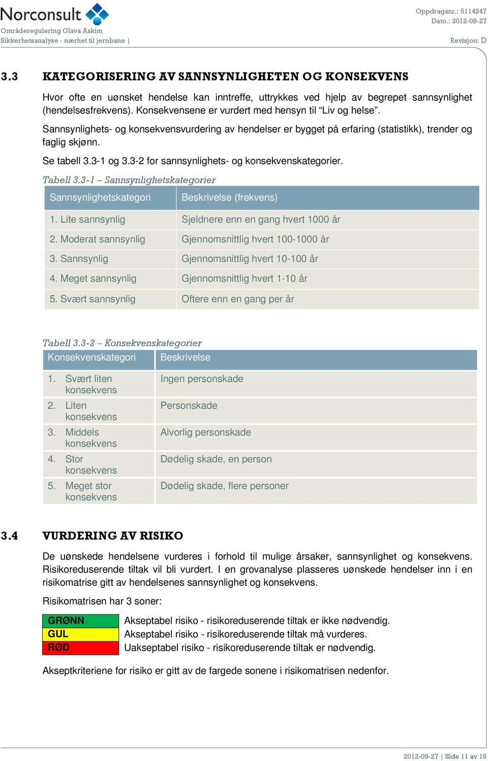 3-2 for sannsynlighets- og konsekvenskategorier. Tabell 3.3-1 Sannsynlighetskategorier Sannsynlighetskategori Beskrivelse (frekvens) 1. Lite sannsynlig Sjeldnere enn en gang hvert 1000 år 2.