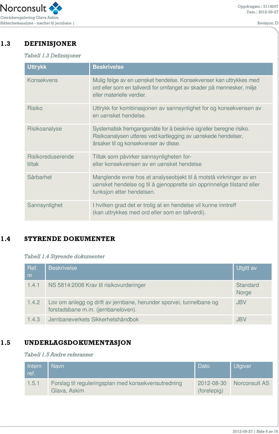 Uttrykk for kombinasjonen av sannsynlighet for og konsekvensen av en uønsket hendelse. Systematisk fremgangsmåte for å beskrive og/eller beregne risiko.