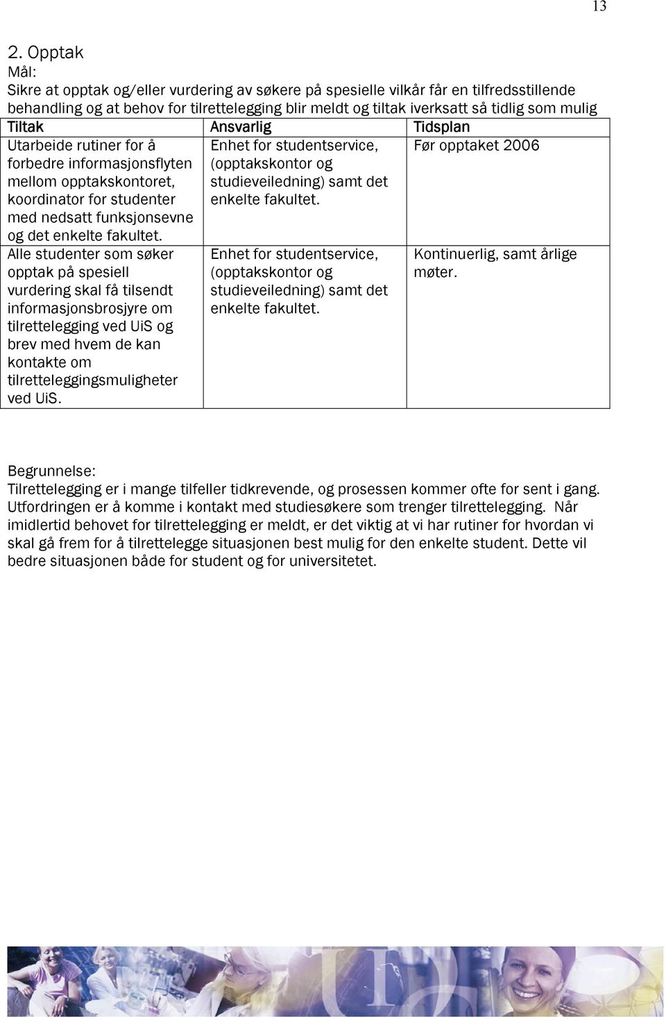 Alle studenter som søker opptak på spesiell vurdering skal få tilsendt informasjonsbrosjyre om tilrettelegging ved UiS og brev med hvem de kan kontakte om tilretteleggingsmuligheter ved UiS.