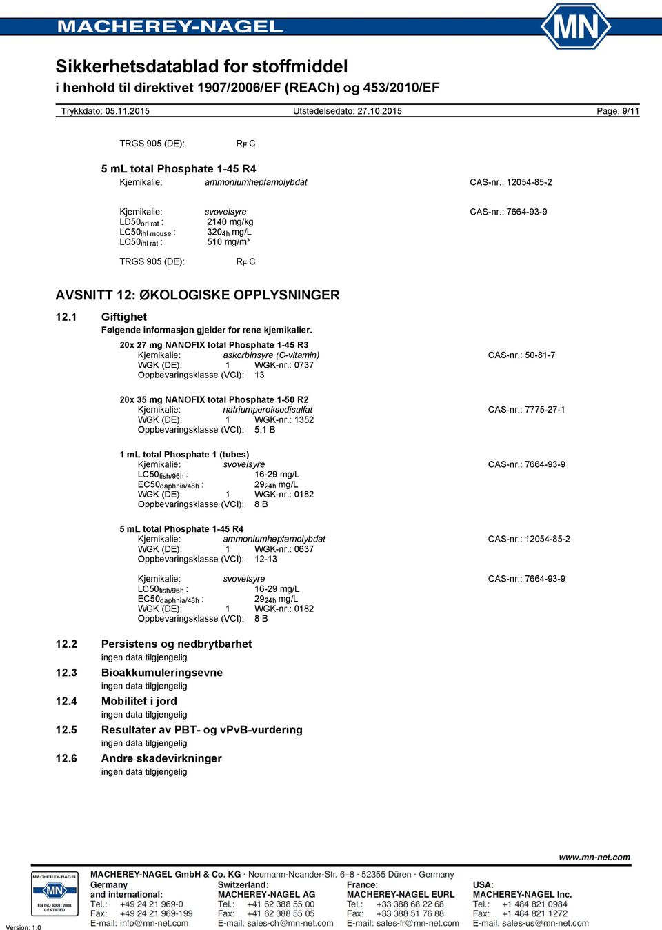 1 Giftighet Følgende informasjon gjelder for rene kjemikalier. 20x 27 mg NANOFIX total Phosphate 145 R3 Kjemikalie: askorbinsyre (Cvitamin) CASnr.: 50817 WGK (DE): 1 WGKnr.