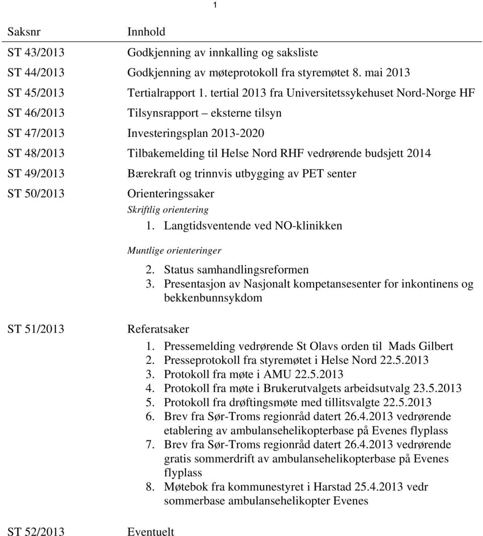 2014 ST 49/2013 Bærekraft og trinnvis utbygging av PET senter ST 50/2013 Orienteringssaker Skriftlig orientering 1. Langtidsventende ved NO-klinikken Muntlige orienteringer 2.