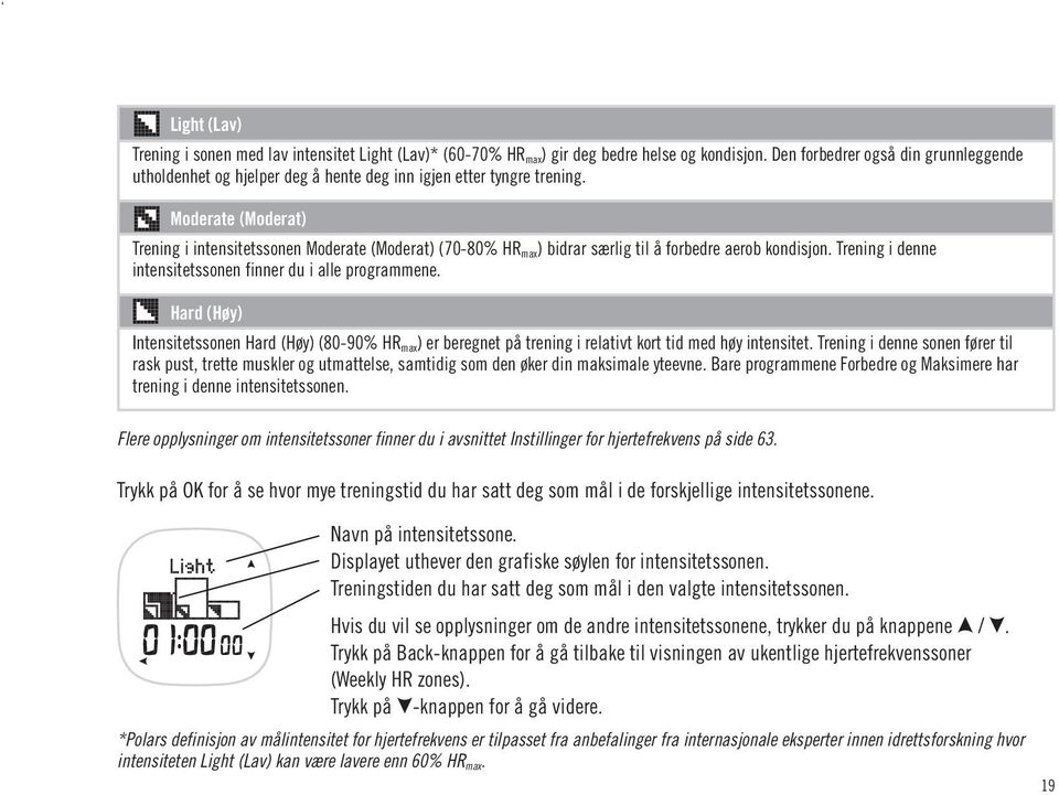 Moderate (Moderat) Trening i intensitetssonen Moderate (Moderat) (70-80% HR max) bidrar særlig til å forbedre aerob kondisjon. Trening i denne intensitetssonen finner du i alle programmene.