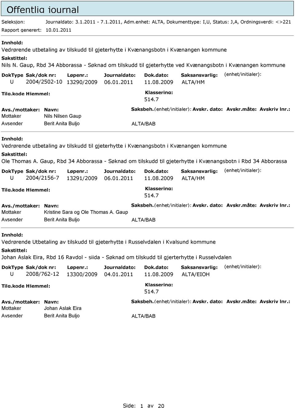 måte: Avskriv lnr.: Nils Nilsen Gaup Berit Anita Buljo ALTA/BAB Vedrørende utbetaling av tilskudd til gjeterhytte i Kvænangsbotn i Kvænangen kommune Ole Thomas A.