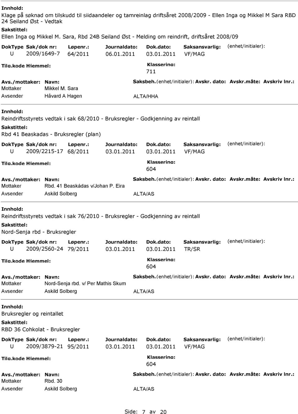 Sara Håvard A Hagen ALTA/HHA Reindriftsstyrets vedtak i sak 68/2010 - Bruksregler - Godkjenning av reintall Rbd 41 Beaskadas - Bruksregler (plan) 2009/2215-17 68/2011 Avs./mottaker: Navn: Saksbeh.