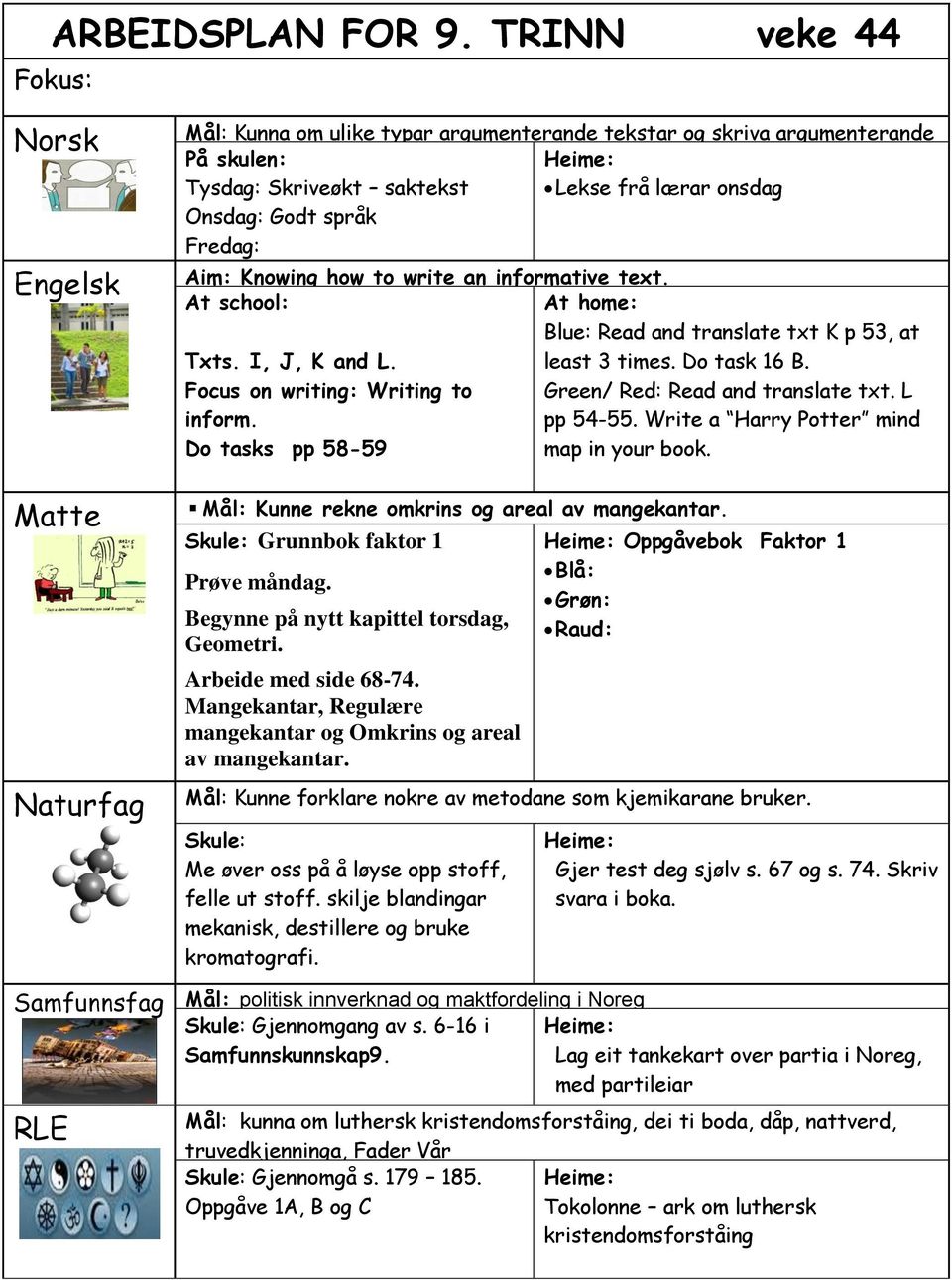 språk Fredag: Aim: Knowing how to write an informative text. At school: Txts. I, J, K and L. Focus on writing: Writing to inform. Do tasks pp 58-59 Mål: Kunne rekne omkrins og areal av mangekantar.