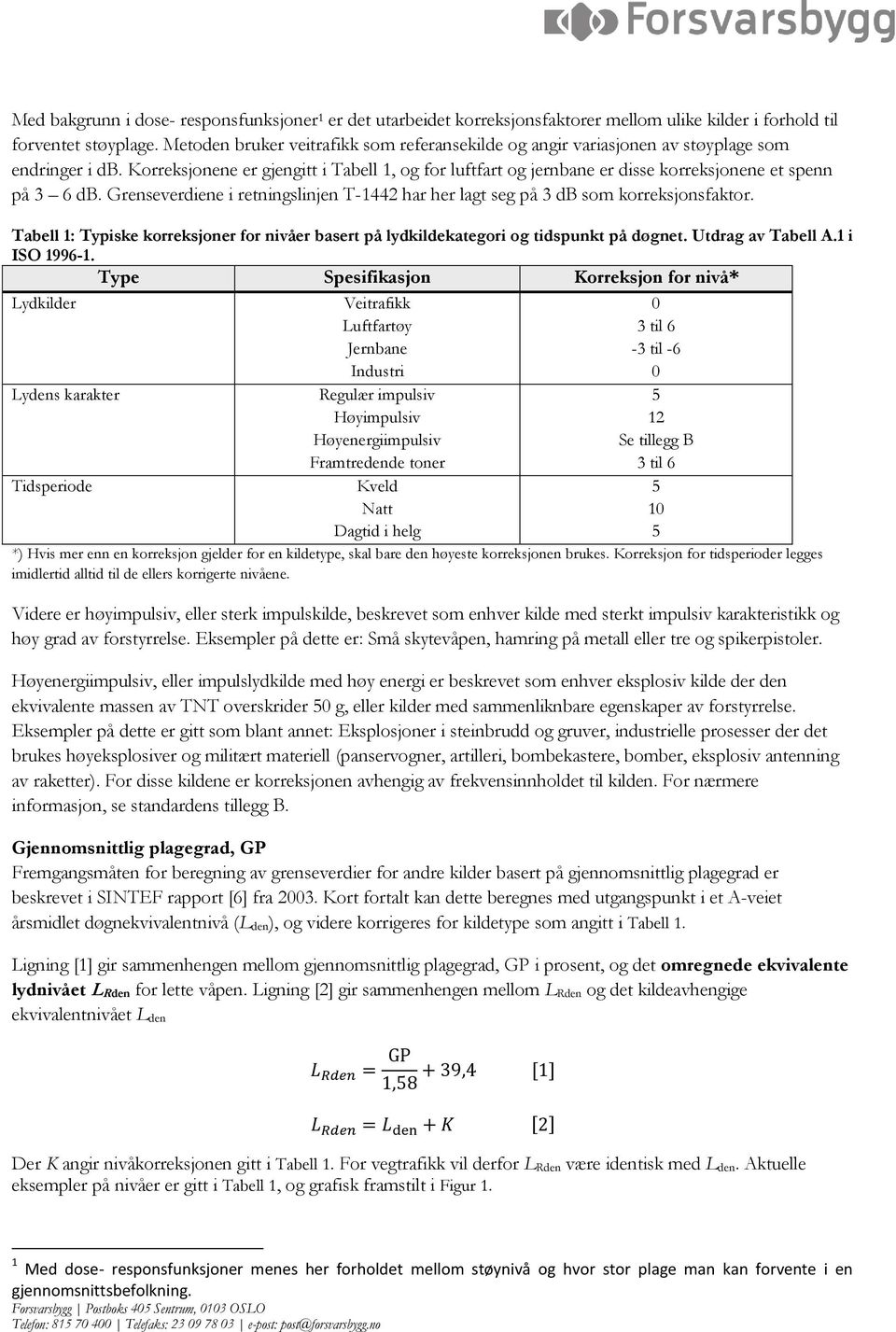 Korreksjonene er gjengitt i Tabell 1, og for luftfart og jernbane er disse korreksjonene et spenn på 3 6 db. Grenseverdiene i retningslinjen T-1442 har her lagt seg på 3 db som korreksjonsfaktor.