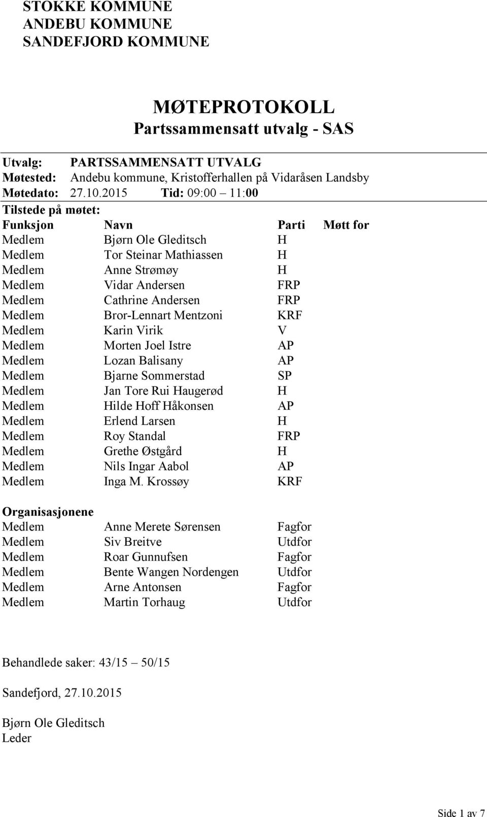 Andersen FRP Medlem Bror-Lennart Mentzoni KRF Medlem Karin Virik V Medlem Morten Joel Istre AP Medlem Lozan Balisany AP Medlem Bjarne Sommerstad SP Medlem Jan Tore Rui Haugerød H Medlem Hilde Hoff