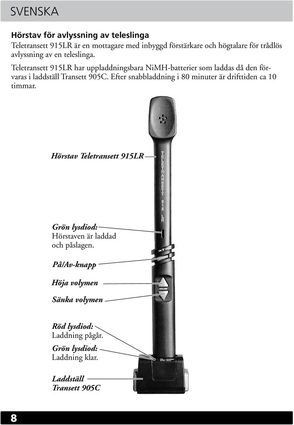 Teletransett 915LR har uppladdningsbara NiMH-batterier som laddas då den förvaras i laddställ Transett 905C.