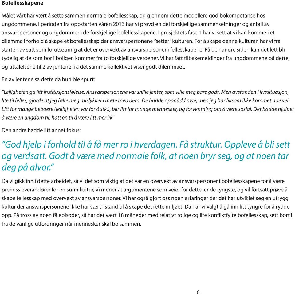 I prosjektets fase 1 har vi sett at vi kan komme i et dilemma i forhold å skape et bofellesskap der ansvarspersonene setter kulturen.