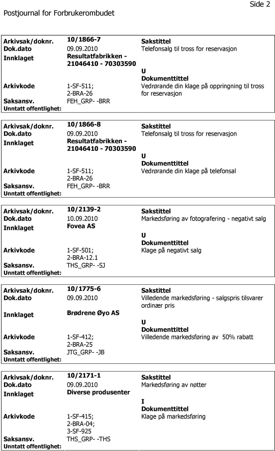 10/1866-8 Sakstittel Dok.dato 09.09.2010 Telefonsalg til tross for reservasjon nnklaget Resultatfabrikken - 21046410-70303590 2-BRA-26 Vedrørande din klage på telefonsal FEH_GRP- -BRR Arkivsak/doknr.