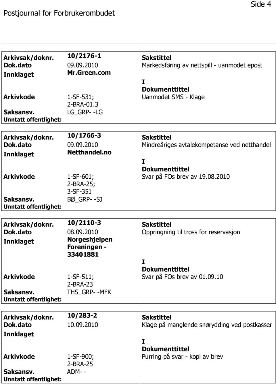 no 1-SF-601; ; 3-SF-351 Svar på FOs brev av 19.08.2010 BØ_GRP- -SJ Arkivsak/doknr. 10/2110-3 Sakstittel Dok.dato 08.09.