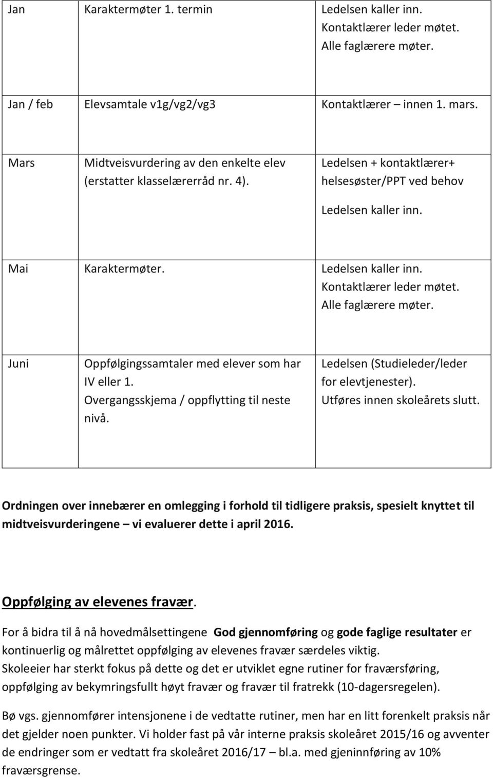 Alle faglærere møter. Juni Oppfølgingssamtaler med elever som har IV eller 1. Overgangsskjema / oppflytting til neste nivå. Ledelsen (Studieleder/leder for elevtjenester).