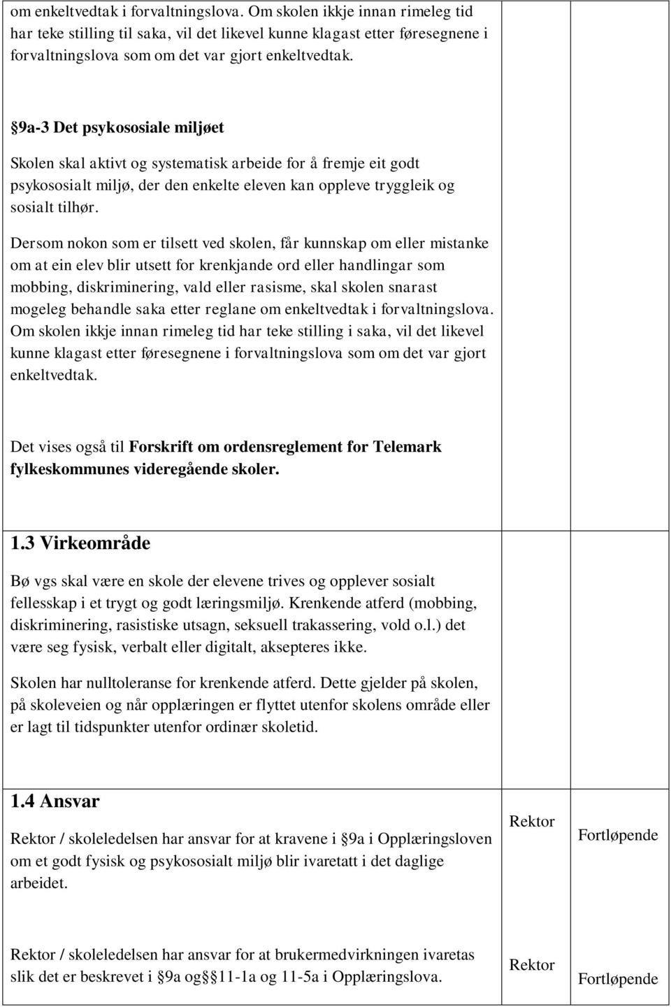 Dersom nokon som er tilsett ved skolen, får kunnskap om eller mistanke om at ein elev blir utsett for krenkjande ord eller handlingar som mobbing, diskriminering, vald eller rasisme, skal skolen