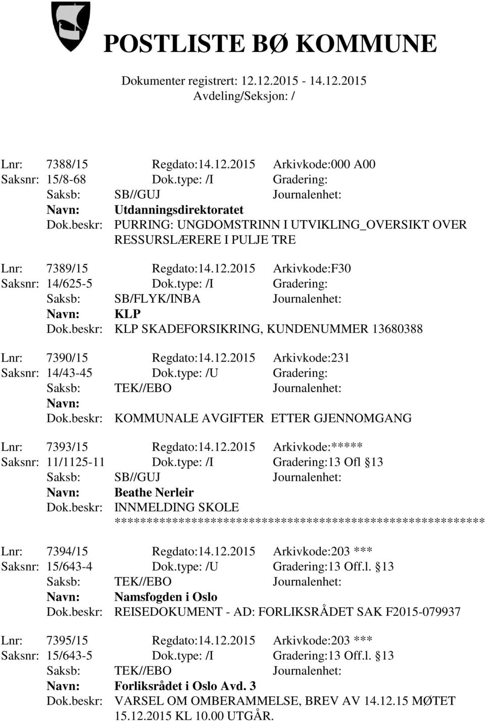 type: /I Gradering: Saksb: SB/FLYK/INBA Journalenhet: Navn: KLP Dok.beskr: KLP SKADEFORSIKRING, KUNDENUMMER 13680388 Lnr: 7390/15 Regdato:14.12.2015 Arkivkode:231 Saksnr: 14/43-45 Dok.