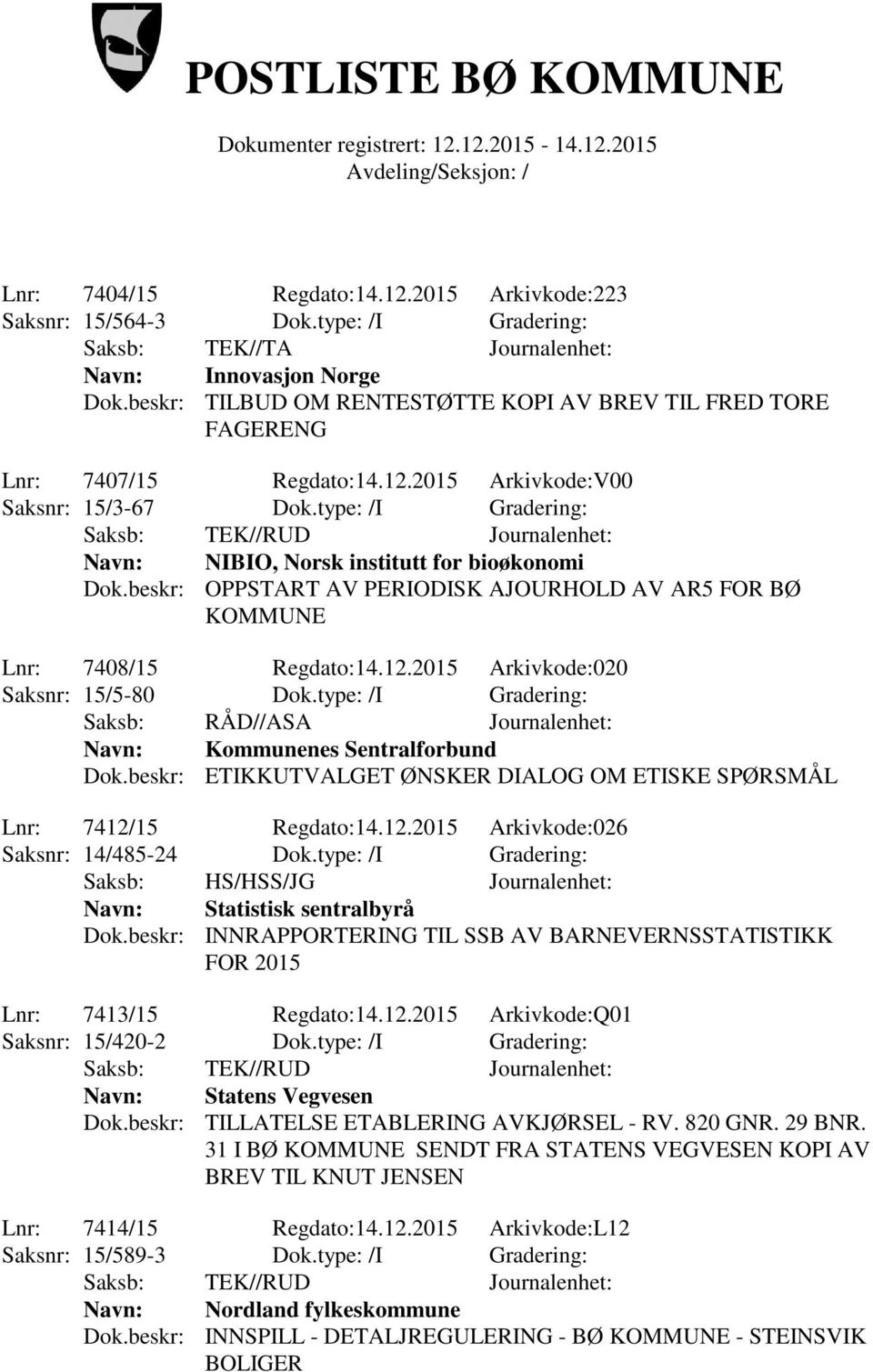 beskr: OPPSTART AV PERIODISK AJOURHOLD AV AR5 FOR BØ KOMMUNE Lnr: 7408/15 Regdato:14.12.2015 Arkivkode:020 Saksnr: 15/5-80 Dok.