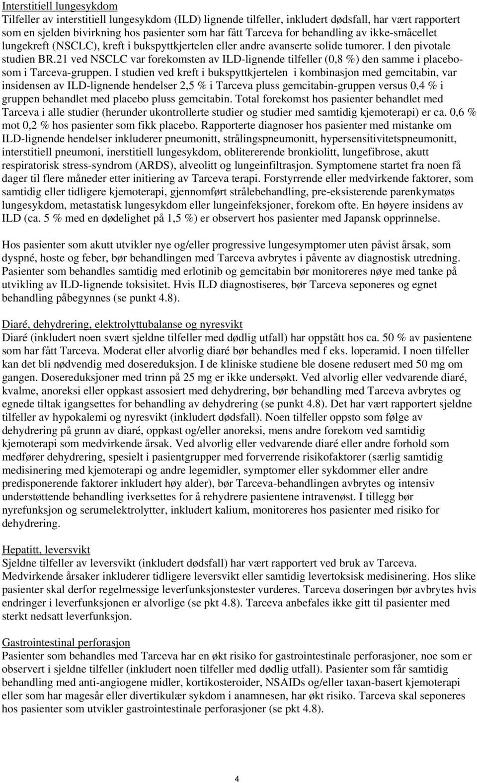 21 ved NSCLC var forekomsten av ILD-lignende tilfeller (,8 %) den samme i placebosom i Tarceva-gruppen.