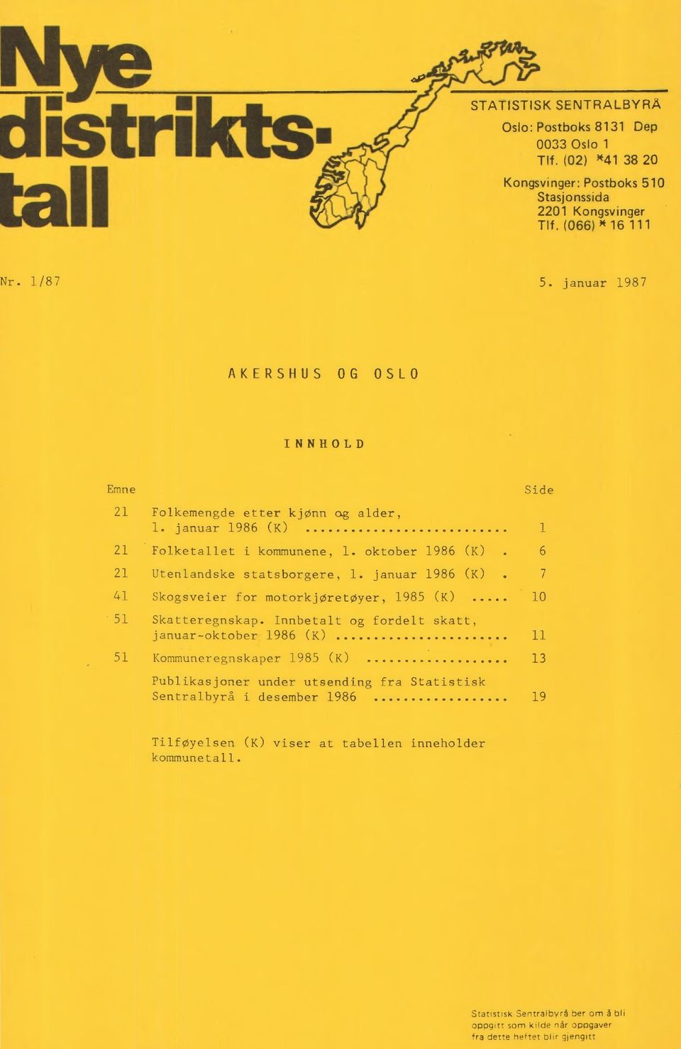 Innbetalt og fordelt skatt, januar-oktober 1986 (K) 11 51 Kommuneregnskaper 1985 (K) 13 Publikasjoner under utsending fra Statistisk Sentralbyrå i