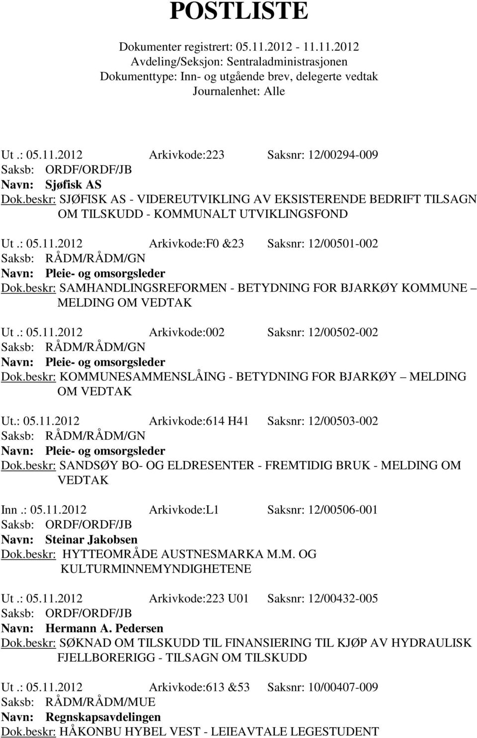 beskr: KOMMUNESAMMENSLÅING - BETYDNING FOR BJARKØY MELDING OM VEDTAK Ut.: 05.11.2012 Arkivkode:614 H41 Saksnr: 12/00503-002 Navn: Pleie- og omsorgsleder Dok.