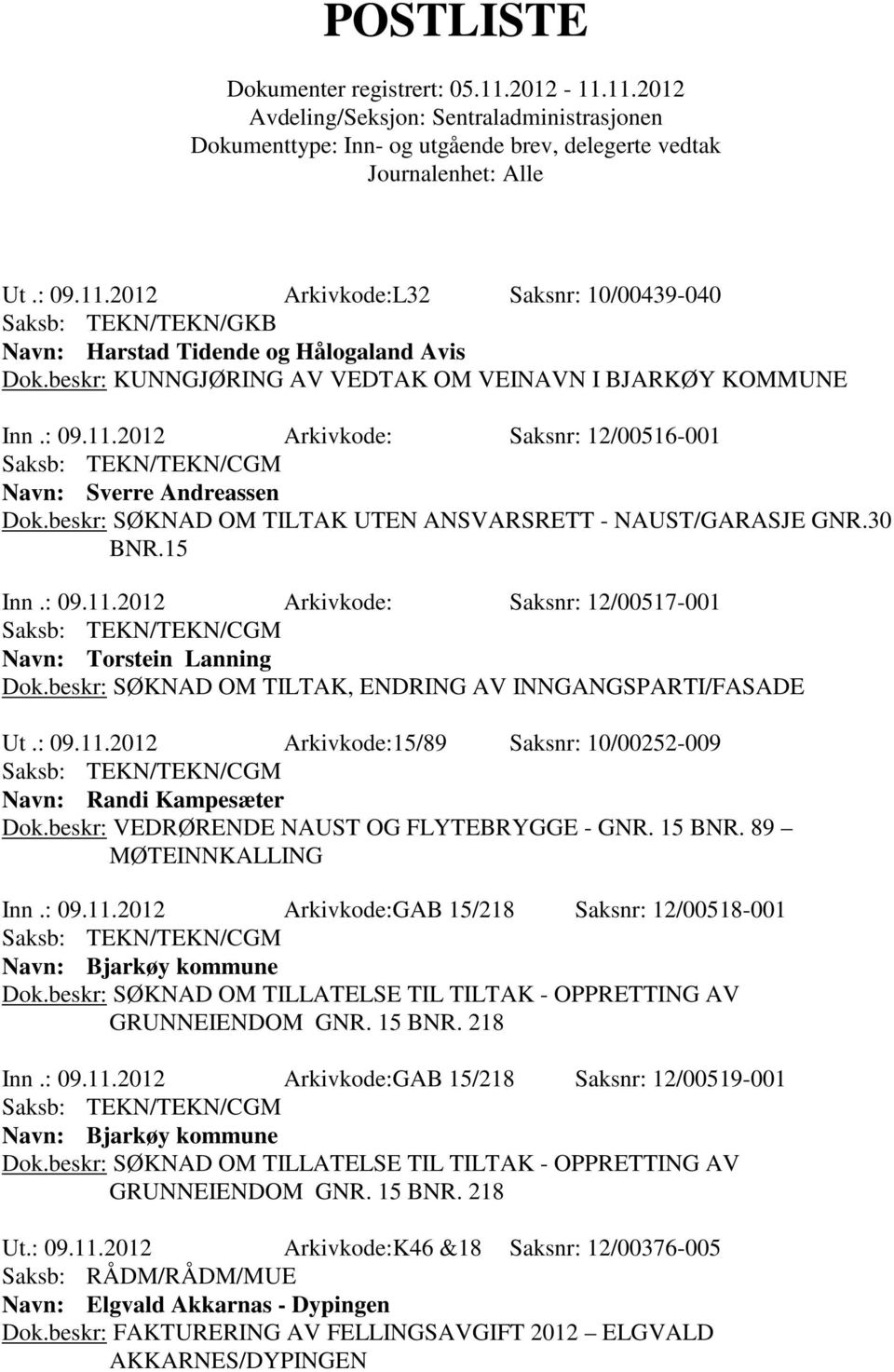 beskr: SØKNAD OM TILTAK, ENDRING AV INNGANGSPARTI/FASADE Ut.: 09.11.2012 Arkivkode:15/89 Saksnr: 10/00252-009 Navn: Randi Kampesæter Dok.beskr: VEDRØRENDE NAUST OG FLYTEBRYGGE - GNR. 15 BNR.