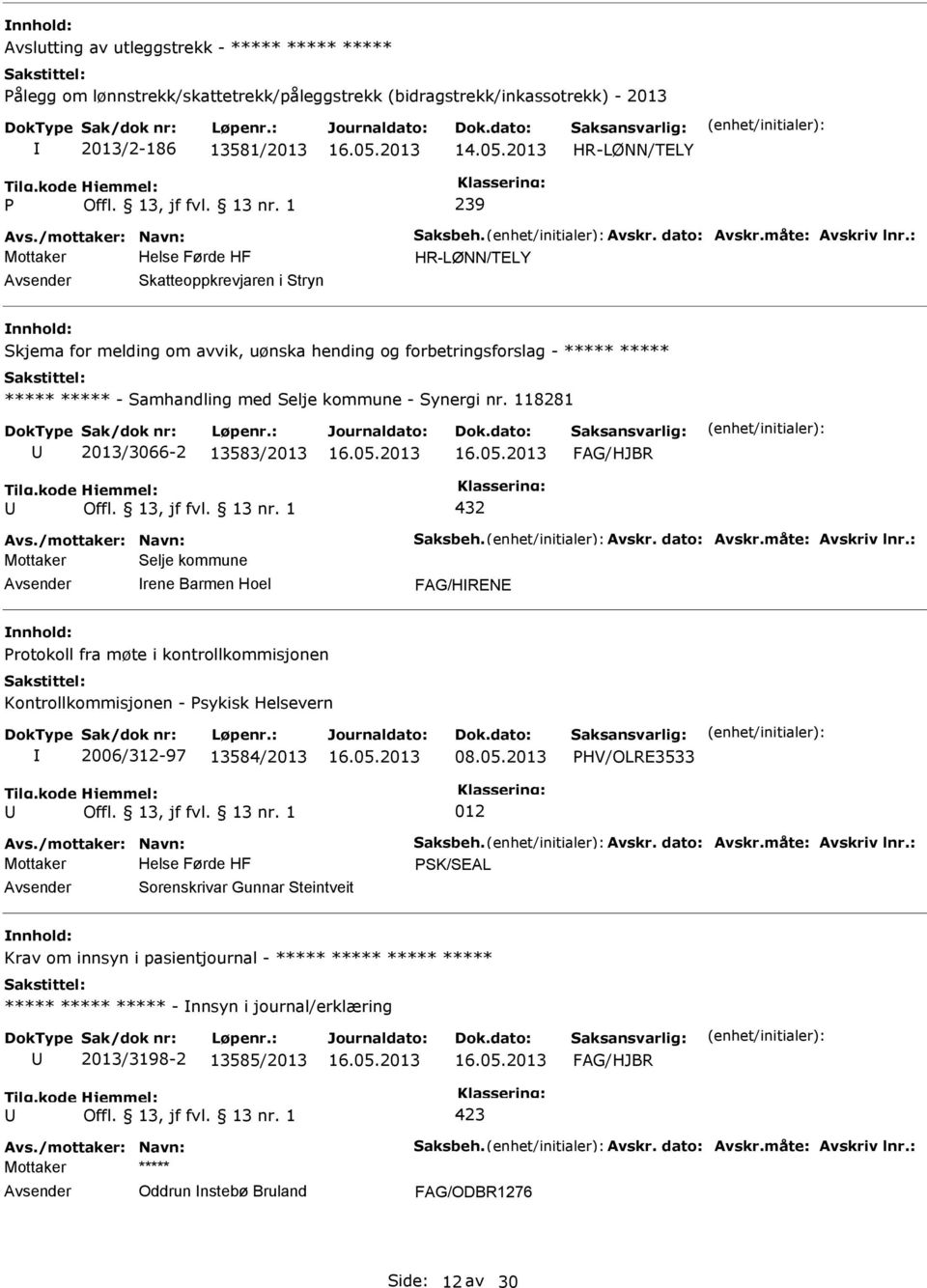 118281 2013/3066-2 13583/2013 432 Avs./mottaker: Navn: Saksbeh. Avskr. dato: Avskr.måte: Avskriv lnr.