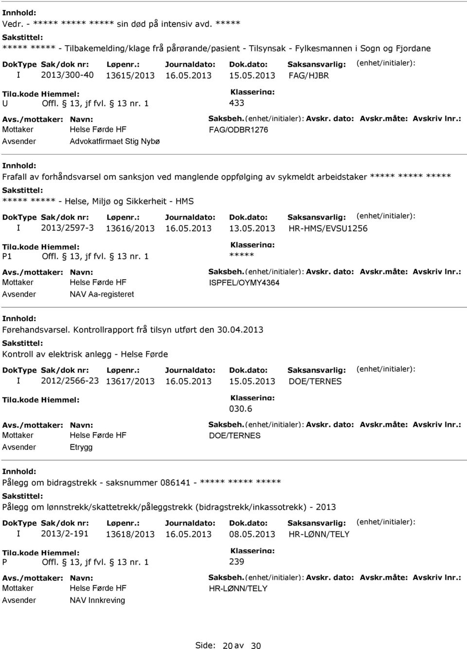 2013 HR-HMS/EVS1256 1 Avs./mottaker: Navn: Saksbeh. Avskr. dato: Avskr.måte: Avskriv lnr.: SFEL/OYMY4364 NAV Aa-registeret Førehandsvarsel. Kontrollrapport frå tilsyn utført den 30.04.