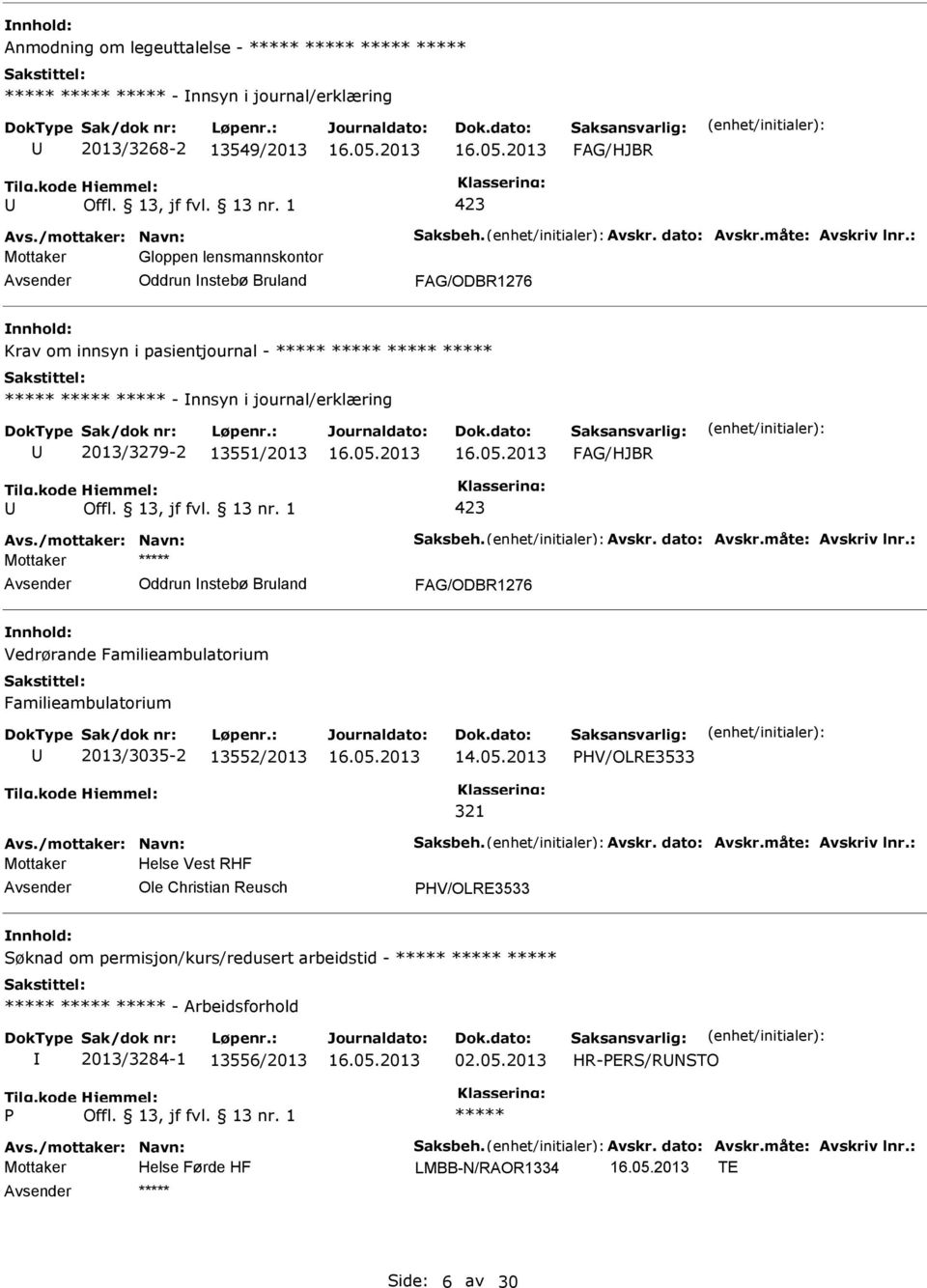 måte: Avskriv lnr.: Mottaker Oddrun nstebø Bruland Vedrørande Familieambulatorium Familieambulatorium 2013/3035-2 13552/2013 HV/OLRE3533 321 Avs./mottaker: Navn: Saksbeh. Avskr. dato: Avskr.