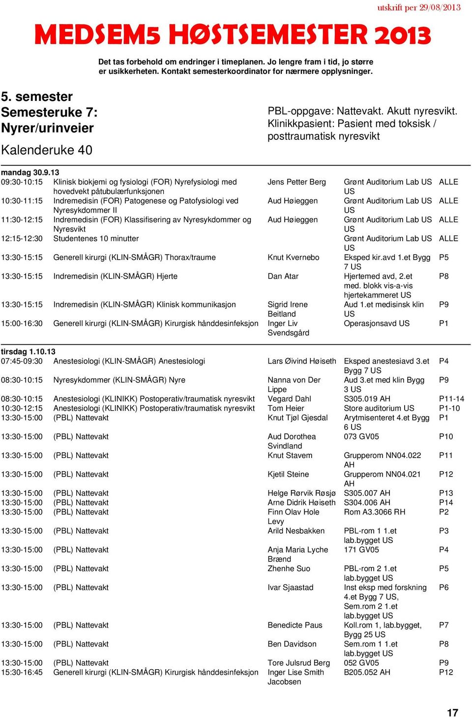 13 09:30-10:15 Klinisk biokjemi og fysiologi (FOR) Nyrefysiologi med hovedvekt påtubulærfunksjonen Jens Petter Berg Grønt Auditorium Lab 10:30-11:15 Indremedisin (FOR) Patogenese og Patofysiologi ved