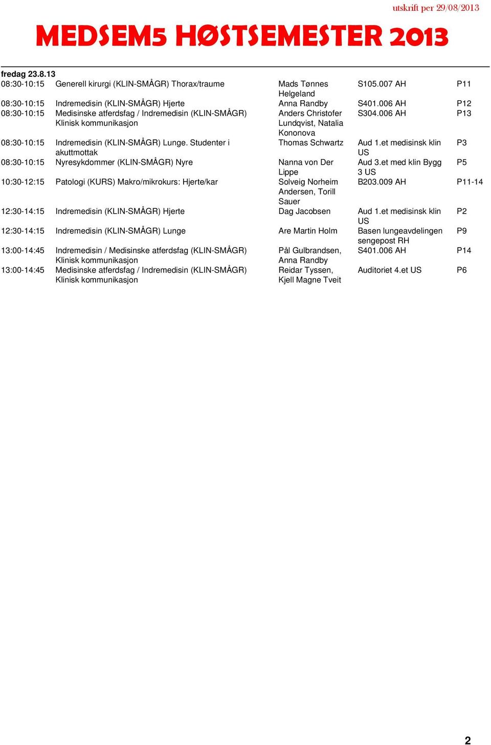 Studenter i akuttmottak 08:30-10:15 Nyresykdommer (KLIN-SMÅGR) Nyre Nanna von Der 10:30-12:15 Patologi (KURS) Makro/mikrokurs: Hjerte/kar Solveig Norheim Andersen, Torill Sauer S304.006 P13 Aud 1.