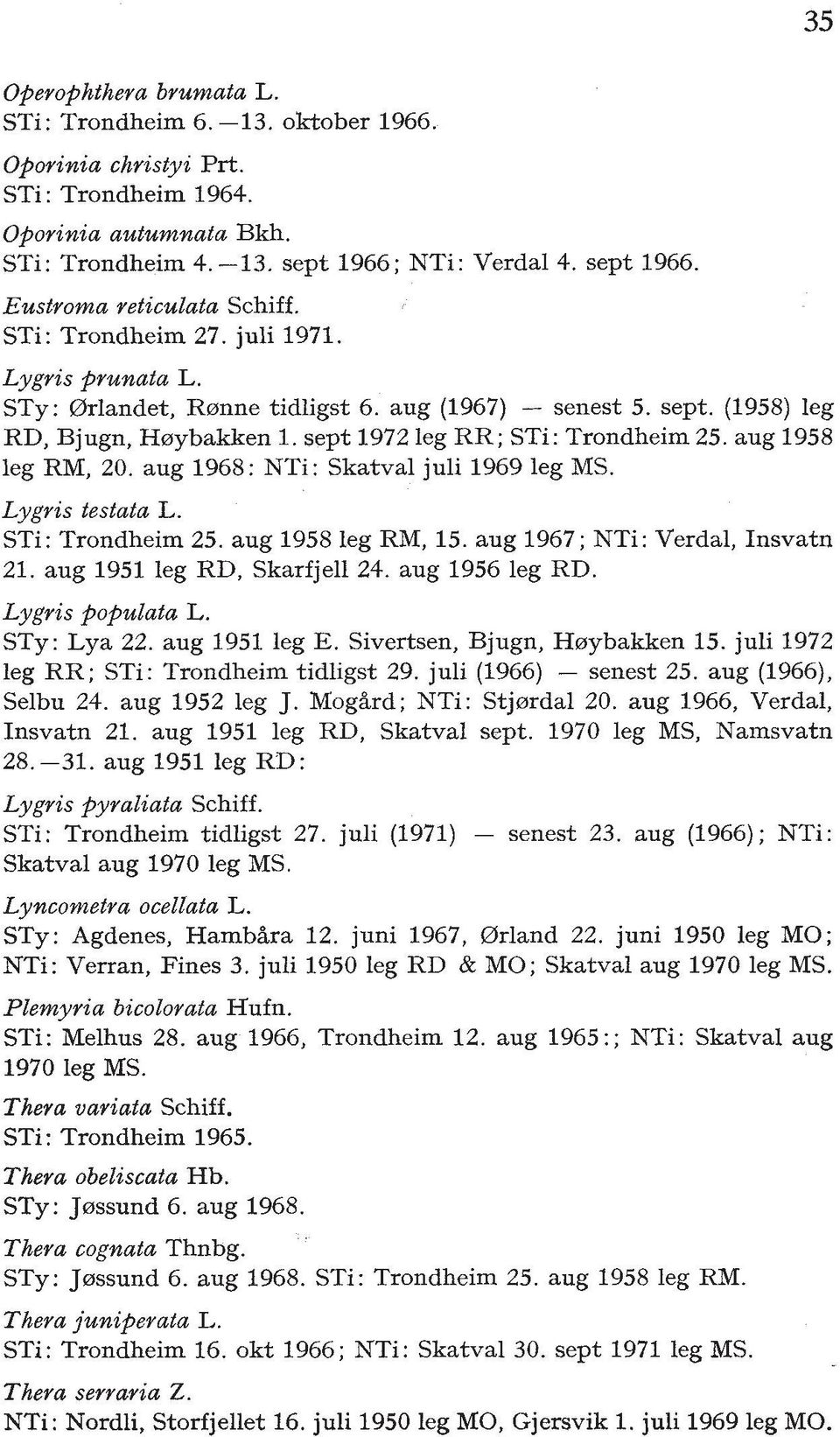 aug 1958 leg RM, 20. aug 1968: NTi: Skatval juli 1969 leg MS. Lygris testata L. STi: Trondheim 25. aug 1958 leg RM, 15. aug 1967; NTi: Verdal, Insvatn 21. aug 1951 leg RD, Skarfjell24.