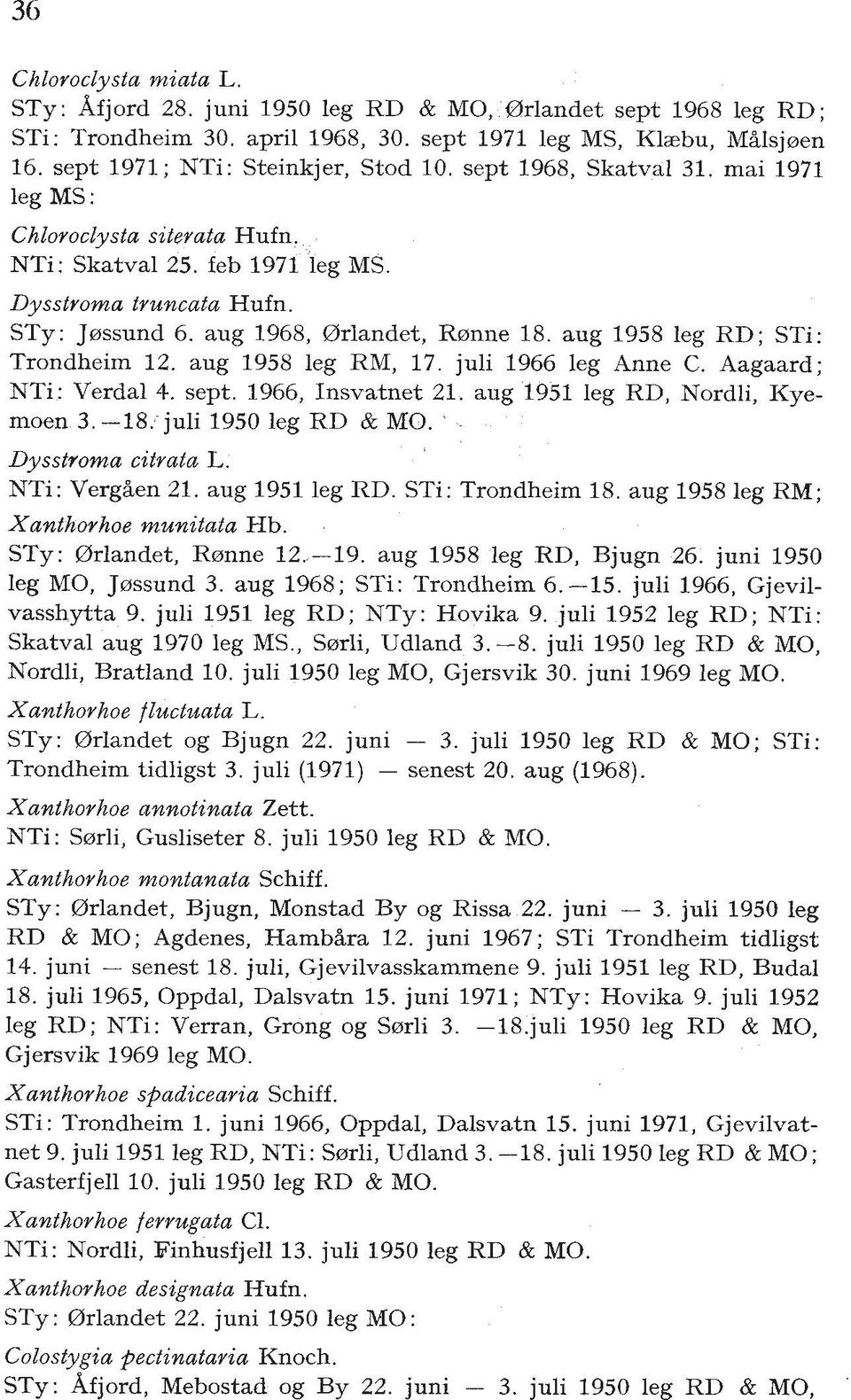 aug 1958 leg RD; STi: Trondheim 12. aug 1958 leg RM, 17. juli 1966 leg Anne C. Aagaard; NTi: Verdal 4. sept. 1966, Insvatnet 21. aug 1951 leg RD, Nordli, Kyemoen 3. -18. juli 1950 leg RD & MO.