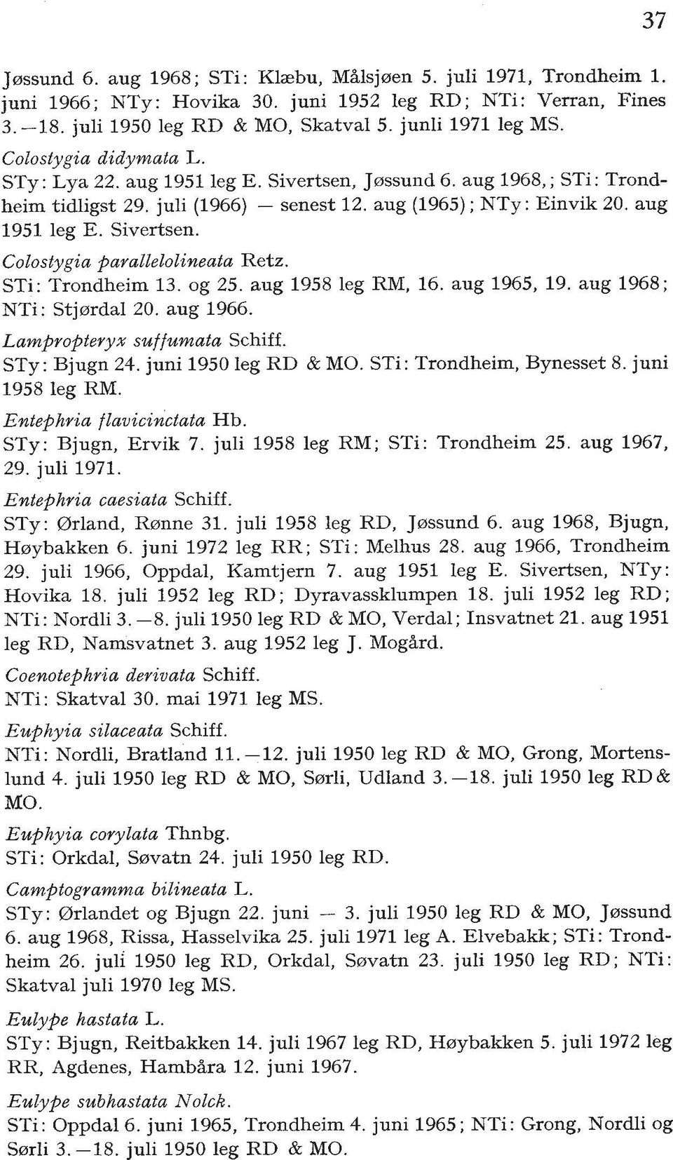 STi: Trondheim 13. og 25. aug 1958 leg RM, 16. aug 1965, 19. aug 1968; NTi: Stjerrdal 20. aug 1966. Lampropteryx suffumata Schiff. STY: Bjugn 24. juni 1950 leg RD & MO. STi: Trondheim, Bynesset 8.