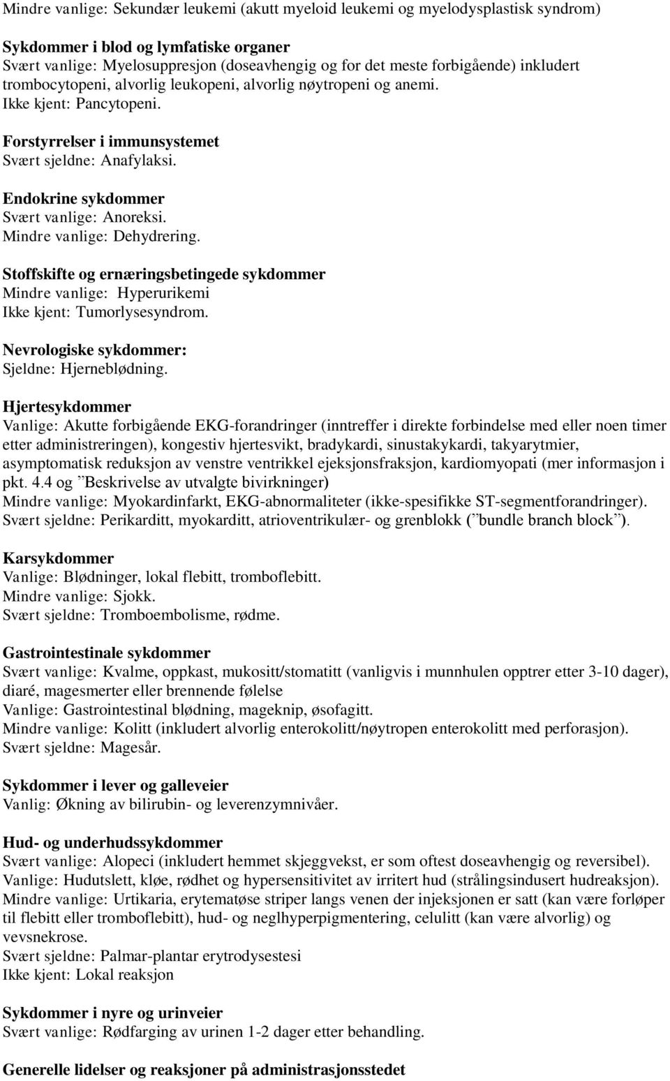 Endokrine sykdommer Svært vanlige: Anoreksi. Mindre vanlige: Dehydrering. Stoffskifte og ernæringsbetingede sykdommer Mindre vanlige: Hyperurikemi Ikke kjent: Tumorlysesyndrom.