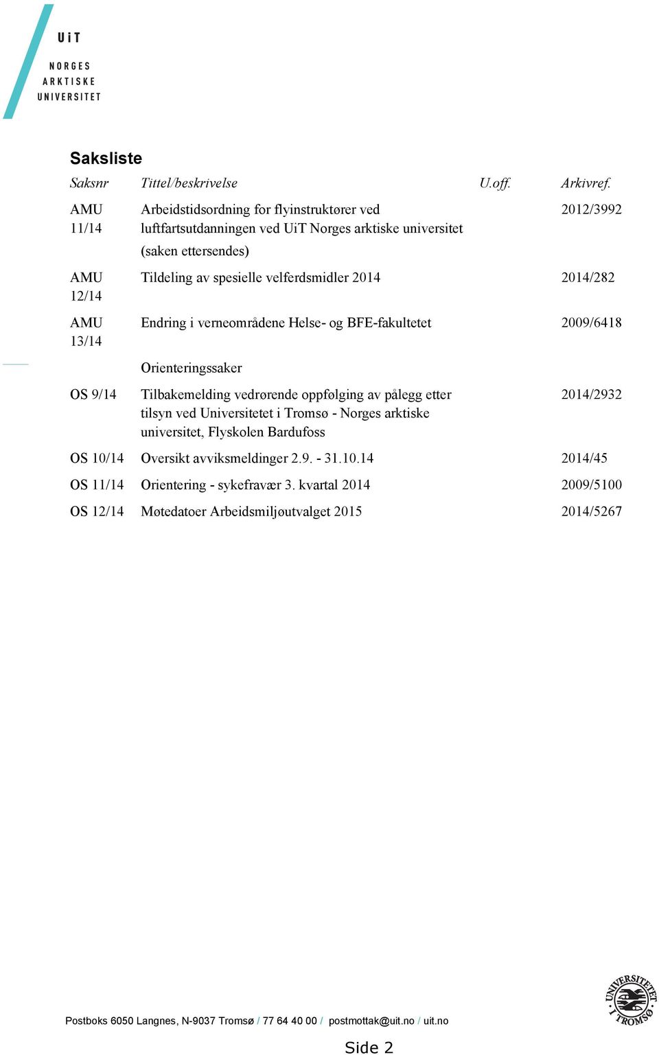 spesielle velferdsmidler 2014 2014/282 Endring i verneområdene Helse- og BFE-fakultetet 2009/6418 Orienteringssaker Tilbakemelding vedrørende oppfølging av pålegg etter tilsyn ved