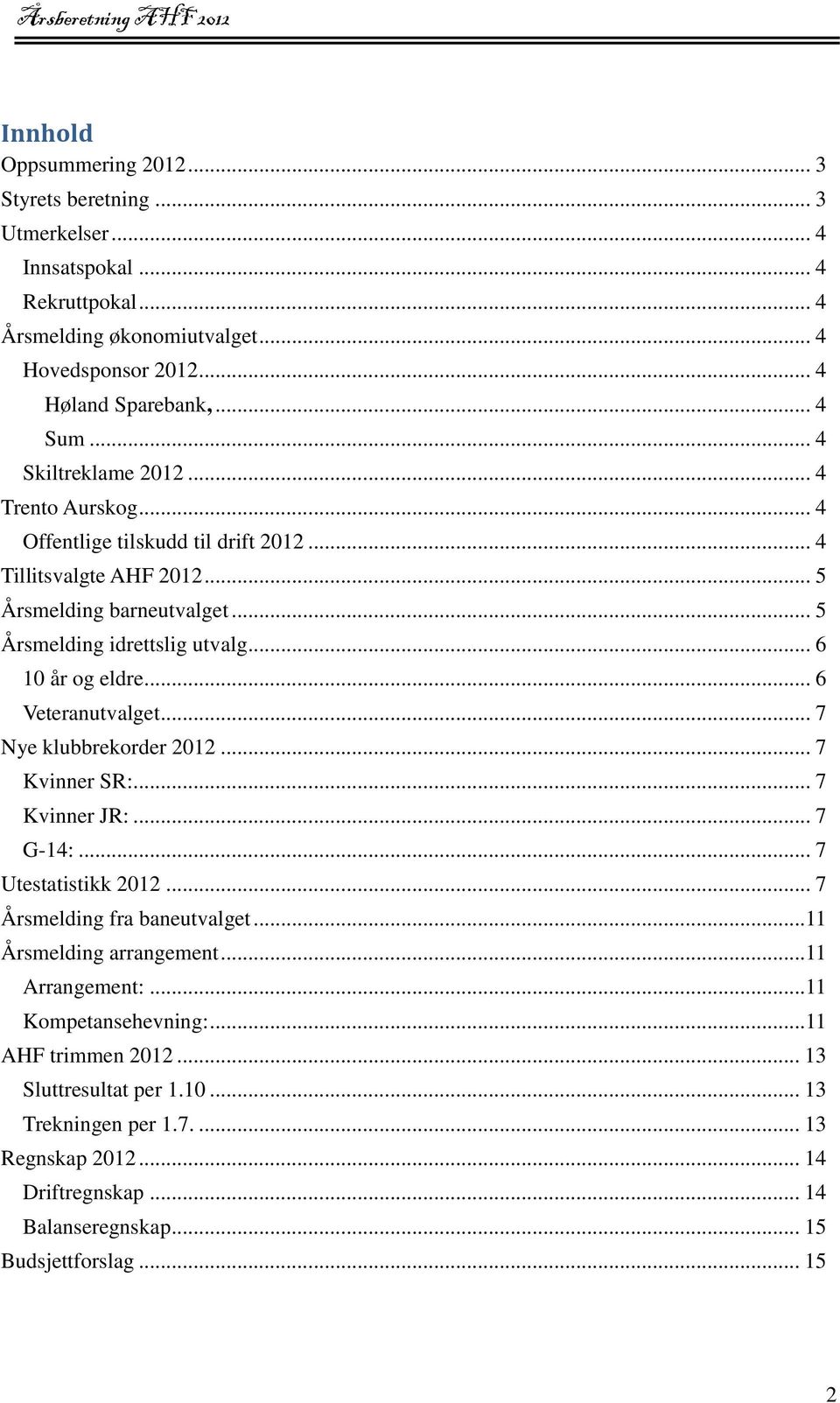 .. 6 Veteranutvalget... 7 Nye klubbrekorder 2012... 7 Kvinner SR:... 7 Kvinner JR:... 7 G-14:... 7 Utestatistikk 2012... 7 Årsmelding fra baneutvalget...11 Årsmelding arrangement.