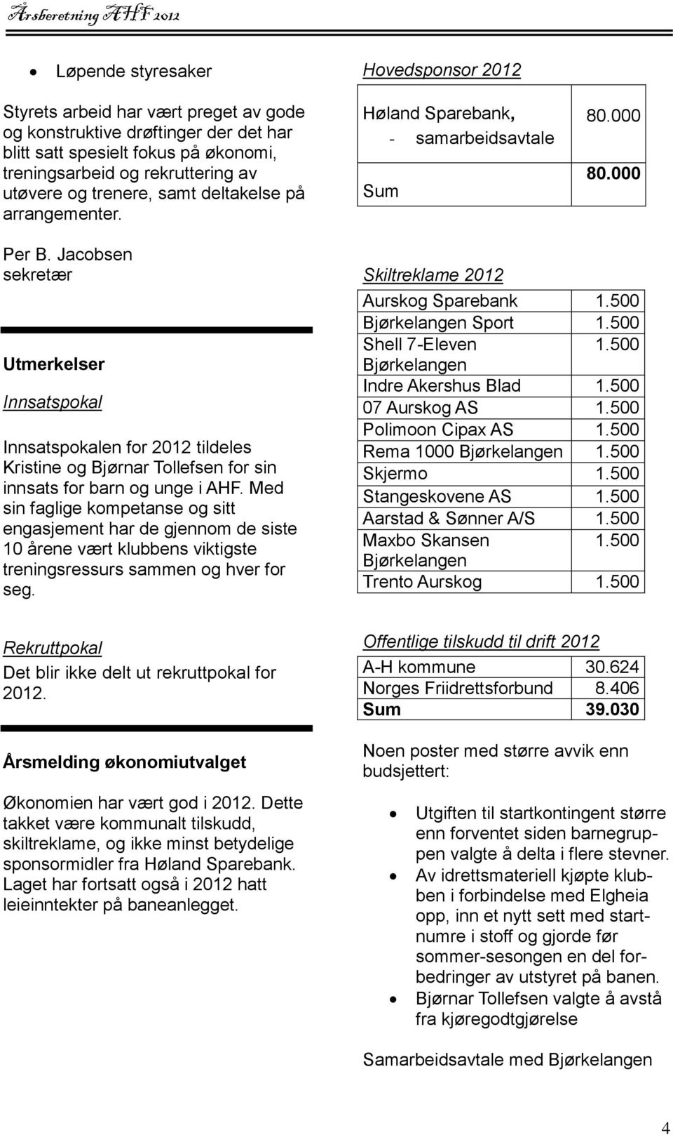 Jacobsen sekretær Utmerkelser Innsatspokal Innsatspokalen for 2012 tildeles Kristine og Bjørnar Tollefsen for sin innsats for barn og unge i AHF.