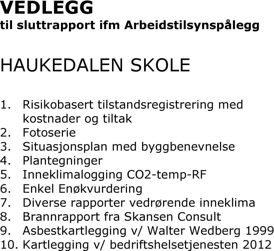 Situasjonsplan med byggbenevnelse 4. Plantegninger 5. Inneklimalogging CO2-temp-RF 6.