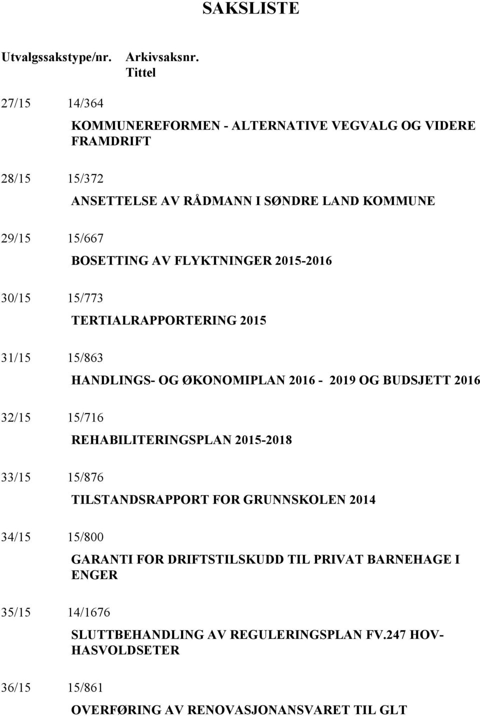 BOSETTING AV FLYKTNINGER 2015-2016 30/15 15/773 TERTIALRAPPORTERING 2015 31/15 15/863 HANDLINGS- OG ØKONOMIPLAN 2016-2019 OG BUDSJETT 2016 32/15 15/716