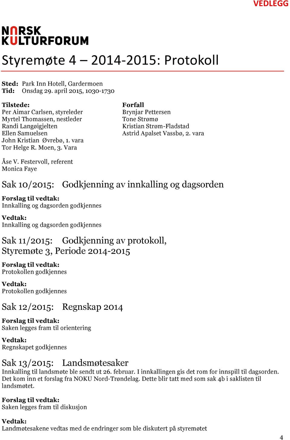 Vara Forfall Brynjar Pettersen Tone Strømø Kristian Strøm-Fladstad Astrid Apalset Vassbø, 2. vara Åse V.