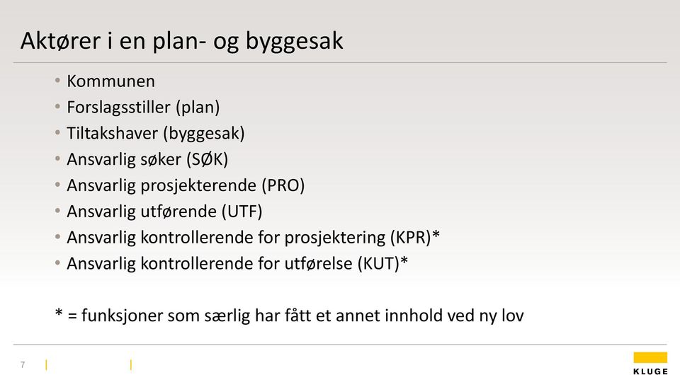 utførende (UTF) Ansvarlig kontrollerende for prosjektering (KPR)* Ansvarlig