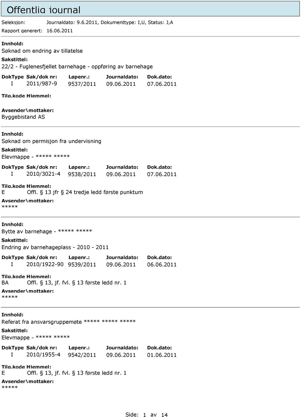 nnhold: Søknad om permisjon fra undervisning Elevmappe - 2010/3021-4 9538/2011 E Offl.