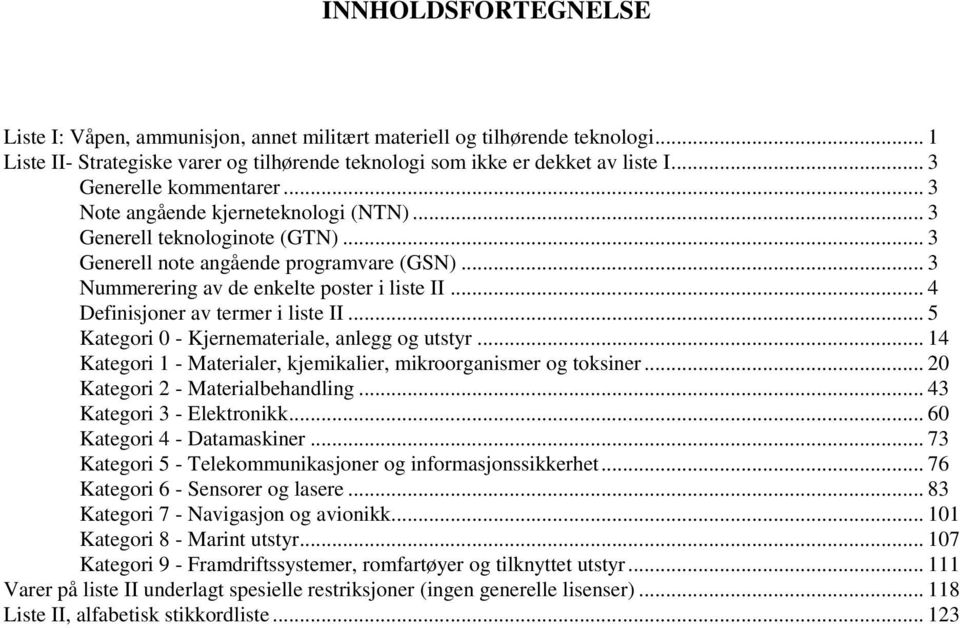 .. 4 Definisjoner av termer i liste II... 5 Kategori 0 - Kjernemateriale, anlegg og utstyr... 14 Kategori 1 - Materialer, kjemikalier, mikroorganismer og toksiner... 20 Kategori 2 - Materialbehandling.