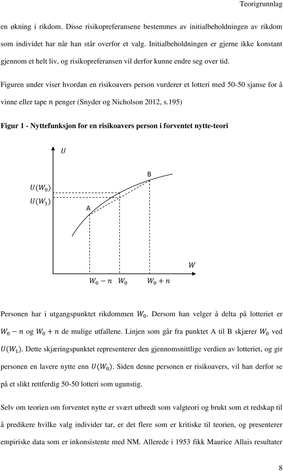 Figuren under viser hvordan en risikoavers person vurderer et lotteri med 50-50 sjanse for å vinne eller tape penger (Snyder og Nicholson 2012, s.